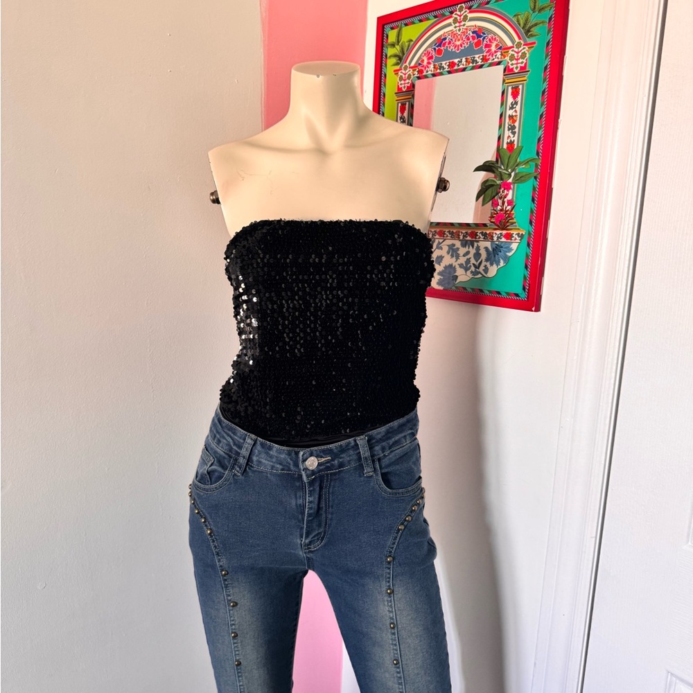 Black Sequin Strapless Bodysuit Top